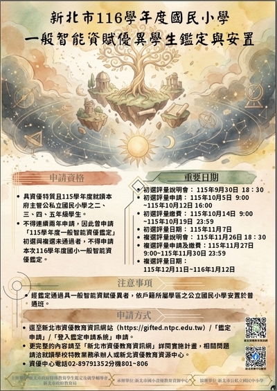 新北市116學年度國民小學一般智能資賦優異學生鑑定海報